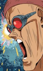 1boy bask_om beanie blue_background clich51368861 explosion explosion_background from_side goggles gundam gundam_gquuuuuux hat male_focus open_mouth pain portrait red-tinted_eyewear red_hat solo sparkle tinted_eyewear waverider_crash