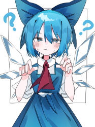 1girl ? @_@ ascot blue_bow blue_dress blue_eyes blue_hair bow cirno commentary_request detached_wings dress fairy_wings hair_between_eyes hair_bow highres ice ice_wings looking_at_viewer nacht_musik pinafore_dress red_ascot short_hair short_sleeves simple_background sleeveless sleeveless_dress solo touhou upper_body white_background wings