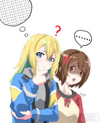 ... 2girls ? absurdres blonde_hair blue_jacket brown_eyes brown_hair commentary_request green_hair grey_hoodie highres holding hood hoodie jacket kouzuki_mahiru long_hair long_sleeves multicolored_hair multiple_girls mutsuki_(mutsuki0110) open_clothes open_jacket short_hair simple_background spoken_ellipsis streaked_hair translation_request white_background yamanouchi_kano yoru_no_kurage_wa_oyogenai