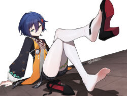 1girl absurdres belle_(delicate_sunlight)_(zenless_zone_zero) belle_(zenless_zone_zero) black_shoes blue_eyes blue_hair closed_mouth crossed_legs feet foot_focus full_body high_heels highres lan_mao_akko long_sleeves official_alternate_costume pantyhose puffy_long_sleeves puffy_sleeves shoe_dangle shoes short_hair simple_background sitting smile solo unworn_shoes white_background white_pantyhose zenless_zone_zero