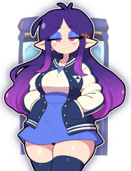 1girl alternate_costume black_thighhighs blue_eyeshadow blue_skirt casual cowboy_shot curvy eyeshadow gradient_hair hair_ornament half-closed_eyes hands_in_pockets high-waist_skirt highres jacket letterman_jacket light_frown long_hair long_sleeves looking_at_viewer makeup multicolored_hair nintendo parted_bangs pointy_ears princess_hilda purple_hair red_eyes scott_falco skirt solo the_legend_of_zelda the_legend_of_zelda:_a_link_between_worlds thick_thighs thighhighs thighs triforce two-tone_hair white_sleeves