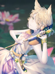 1girl armpits belt black_belt black_collar blonde_hair blurry blurry_background collar depth_of_field dress flower green_background highres holding holding_sheath holding_sword holding_weapon lily_pad lotus osakana_(0519_sakana) pale_skin purple_dress purple_ribbon ribbon sheath sleeveless sleeveless_dress smile solo sword touhou toyosatomimi_no_miko unsheathing water weapon yellow_dress yellow_eyes