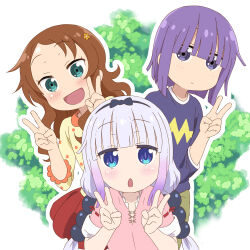 Rule 34 | 3girls, :d, :o, blue eyes, blunt bangs, blush, bow, brown hair, bush, casual, closed mouth, collared shirt, double v, eyebrows hidden by hair, flower hairpin, gradient hair, green eyes, hair bow, hair ornament, hairband, hands up, happy, hat, highres, holding another&#039;s arm, jumping, kagero (plusup), kanna kamui, kobayashi-san chi no maidragon, long hair, looking at viewer, low twintails, magatsuchi shouta, multicolored hair, multiple girls, open mouth, pink shirt, polka dot, polka dot shirt, purple eyes, purple hair, red skirt, saikawa riko, sailor collar, shirt, short hair, short sleeves, sidelocks, skirt, smile, sphere hair ornament, twintails, upper body, v