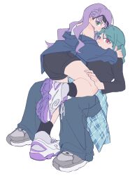 2girls black_shirt black_shorts blue_jacket blue_pants braid closed_mouth commentary green_eyes green_hair grey_shoes hand_on_another&#039;s_leg hand_on_another&#039;s_shoulder highres jacket kawa_(chuan_kawa_) long_hair long_sleeves looking_at_viewer love_live! love_live!_superstar!! multiple_girls on_lap onitsuka_tomari pants purple_hair purple_shoes red_eyes shirt shoes shorts side_braid simple_background sneakers sunglasses tank_top white_background white_tank_top wien_margarete yuri
