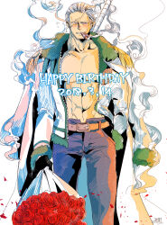 1boy abs beard_stubble blue_pants bouquet cigar coat coat_on_shoulders commentary_request cowboy_shot dated epaulettes facial_hair flower fur-trimmed_coat fur_trim hair_slicked_back hand_in_pocket happy_birthday holding holding_bouquet jacket looking_to_the_side male_focus one_piece pants red_flower red_rose rose shina_(ooo417ooo) short_hair simple_background smoke smoker_(one_piece) solo stitched_face stitches stubble sweatdrop