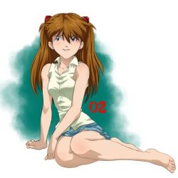 1girl amondetauro barefoot blue_eyes blue_skirt breasts half_updo interface_headset_(evangelion) long_hair looking_to_the_side miniskirt neon_genesis_evangelion orange_hair shirt simple_background sitting skirt sleeveless sleeveless_shirt small_breasts smile solo souryuu_asuka_langley wariza white_shirt