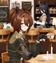 2girls agnes_tachyon_(umamusume) ahoge black_hair black_nails brown_hair cafe chalkboard closed_mouth coffee_beans cup eyelashes glasses highres holding holding_cup horse_girl indoors kuroneko86 lamp long_hair long_sleeves manhattan_cafe_(umamusume) multiple_girls plant ponytail potted_plant puffy_sleeves red_eyes short_hair smile sugar_cube table umamusume yellow_eyes