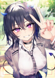 1girl absurdres arm_behind_back black_hair black_skirt blurry blurry_background blush bokeh breasts collar collared_shirt demon_tail depth_of_field grey_jacket grey_shirt hair_between_eyes hand_up highres horns houndstooth ichinose_uruha ichinose_uruha_(6th_costume) jacket kiiro_(cocoa080) leaning_forward long_sleeves looking_at_viewer medium_breasts multicolored_hair open_clothes open_jacket open_mouth pink_hair shirt short_hair skirt smile solo sparkle streaked_hair tail tree v virtual_youtuber vspo! white_shirt