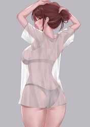 Rule 34 | 1girl, absurdres, akane lize, arms up, ass, black bra, black panties, blush, bra, breasts, butt crack, from behind, grey background, hashtag-only commentary, highres, katrinabluuuuu, large breasts, looking at viewer, looking back, mole, mole under eye, panties, red hair, see-through clothes, see-through shirt, shirt, short sleeves, simple background, solo, stellive, thighs, underwear, white shirt
