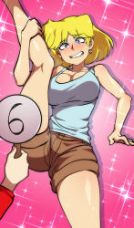 2girls areola_slip bare_arms bare_legs bare_shoulders blonde_hair blue_eyes blue_eyeshadow blush breasts brown_shorts cleavage collarbone commentary denim denim_shorts drop_shadow earrings english_commentary eyeshadow foot_out_of_frame grin hair_behind_ear holding holding_sign jcm2 jewelry kneepits large_breasts long_sleeves looking_at_viewer lori_loud lynn_loud makeup multiple_girls nose_blush pink_background raised_inner_eyebrows short_hair shorts siblings sign simple_background sisters smile solo_focus sparkle_background split standing standing_on_one_leg standing_split sweat the_loud_house
