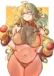 1girl absurdres artist_name bikini boku_no_hero_academia border breasts closed_mouth commentary cowboy_shot deku&#039;s_photo_of_hagakure_toru english_commentary furan_sonoda gloves green_bikini green_eyes green_gloves green_hair hagakure_toru highres large_breasts long_hair looking_at_viewer messy_hair navel outside_border pointing pointing_at_self smile solo swimsuit twitter_username unusually_visible white_border