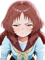 1girl artist_name bi_ai_ji blue_shirt glaring hair_intakes highres jitome long_hair mie_ai neckerchief parted_bangs red_hair school_uniform serafuku shirt simple_background solo squinting sukinako_ga_megane_wo_wasureta white_background yellow_neckerchief