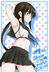 Rule 34 | 1girl, adapted costume, alternate hair length, alternate hairstyle, black hair, black sailor collar, black skirt, blue neckerchief, breasts, commentary request, fubuki (kancolle), fubuki kai ni (kancolle), green eyes, highres, kantai collection, long hair, midriff, navel, neckerchief, nekotarou (nktr299), pleated skirt, polka dot, polka dot background, sailor collar, sailor shirt, shirt, sidelocks, skirt, sleeveless, sleeveless shirt, small breasts, solo, translation request