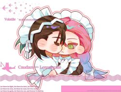 2girls alien_stage black_dress black_hair blue_hair closed_eyes commentary dress gloves gradient_hair green_eyes hair_ribbon jiaoshui98161 long_hair maid maid_headdress mizi_(alien_stage) multicolored_hair multiple_girls official_alternate_costume outline pink_hair pink_outline puffy_short_sleeves puffy_sleeves ribbon short_hair short_sleeves sua_(alien_stage) symbol-only_commentary two-tone_hair watermark white_gloves white_ribbon yuri