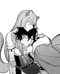 Rule 34 | 1boy, 1girl, animal ear fluff, animal ears, armor, belt, blunt bangs, breastplate, breasts, chinese commentary, cloak, closed eyes, commentary request, couple, dice657523, dress, elbow gloves, empty eyes, fur-trimmed cloak, fur trim, gloves, hair between eyes, hetero, highres, iwatani naofumi, layered dress, leather armor, light smile, long hair, medium breasts, messy hair, metal arm cuffs, metal hair tubes, monochrome, parted lips, pauldrons, raccoon ears, raccoon girl, raccoon tail, raphtalia, short hair, shoulder armor, simple background, single pauldron, straight hair, striped clothes, striped dress, tail, tate no yuusha no nariagari, two-tone dress, vertical-striped clothes, vertical-striped dress