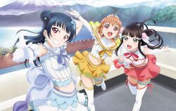 3girls ahoge aqua_eyes artbook black_hair blue_bow blue_bowtie blue_hair blue_skirt bow bowtie earrings gloves grin hair_bun hair_ornament highres jewelry koi_ni_naritai_aquarium kurosawa_dia long_hair looking_at_viewer love_live! love_live!_sunshine!! midriff mole mole_under_mouth multiple_girls navel non-web_source official_alternate_costume official_art open_mouth orange_hair pointing purple_eyes red_bow red_bowtie red_eyes red_skirt short_hair single_hair_bun skirt smile takami_chika thighhighs tsushima_yoshiko white_gloves yellow_bow yellow_bowtie yellow_skirt