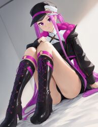 1girl black_boots black_jacket boots closed_mouth collared_shirt fate/grand_order fate_(series) full_body hat high_heel_boots high_heels highres jacket knee_boots long_hair long_sleeves looking_at_viewer medusa_(fate) medusa_(saber)_(fate) medusa_(saber)_(first_ascension)_(fate) purple_eyes purple_hair sarhce shirt sitting solo thighs