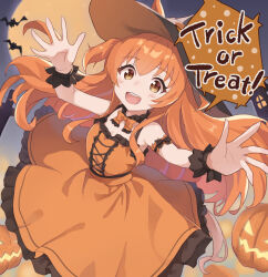 1girl :d armband arms_up bat_(animal) black_bow black_hat blush bow bowtie collar detached_collar dotton9 dress floating_hair frilled_armband frilled_collar frilled_dress frills full_moon hair_between_eyes halloween hat long_dress long_hair looking_at_viewer mayano_top_gun_(umamusume) moon one_side_up open_mouth orange_bow orange_bowtie orange_dress orange_hair palms pumpkin sleeveless sleeveless_dress smile solo teeth trick_or_treat umamusume upper_teeth_only witch_hat yellow_eyes