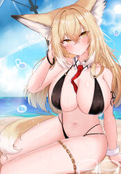1girl absurdres alternate_costume animal_ears arknights arm_up beach between_breasts bikini black_bikini blonde_hair blush breasts chain cleavage closed_mouth commentary crossed_bangs day detached_collar eyes_visible_through_hair gold gold_chain hair_between_eyes hand_in_own_hair highres horizon large_breasts light_smile long_hair looking_at_viewer min1910 multicolored_hair navel necktie necktie_between_breasts o-ring o-ring_bikini ocean outdoors red_necktie sitting solo streaked_hair sunlight swimsuit tail vulpisfoglia_(arknights) water water_drop white_hair yellow_eyes yellow_tail