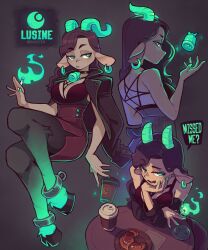 1girl :&lt; absurdres animal_ears animal_legs artist_name ashtray bare_arms bare_shoulders black_background black_jacket breasts brown_hair brown_skirt character_name cigarette commentary croissant cup dark-skinned_female dark_skin disposable_cup earrings english_commentary english_text fire food gaziter goat_ears goat_girl goat_horns goat_tail green_eyes green_fire green_horns green_nails high-waist_skirt highres holding holding_cigarette hoop_earrings hooves horizontal_pupils horns jacket jacket_on_shoulders jewelry jitome large_breasts long_hair looking_at_viewer lusine_(gaziter) monster_girl multiple_views nail_polish open_mouth original skirt speech_bubble
