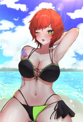 10rui 1girl arm_behind_head arm_tattoo armpits beach bikini black_bikini blush breasts cleavage cloud collarbone elly_(vtuber) green_eyes highres indie_virtual_youtuber navel ocean one_eye_closed red_hair short_hair sky solo stomach swimsuit tattoo tongue tongue_out virtual_youtuber