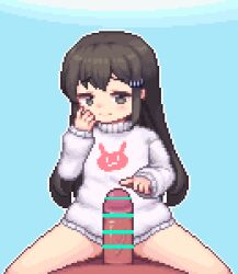 1boy 1girl animated baigao-ji_(baigao) bar_censor black_eyes black_hair blue_background blush borrowed_character censored closed_eyes completely_nude cowgirl_position cum cum_in_pussy flat_chest girl_on_top hand_on_another&#039;s_head hetero loli long_hair looking_at_viewer lowres navel nipples nude one_eye_closed open_mouth original penis pixel_art pov pussy resized saliva sb_(coco1) sex simple_background straddling sweater torso_grab undressing upscaled vaginal white_sweater