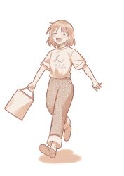 1girl :d ^_^ bag blush closed_eyes commentary_request full_body futsuu_no_keion-bu happy hatono_chihiro highres holding holding_bag monochrome open_mouth orange_theme osada_sushi pants print_shirt scene_reference shirt shoes shopping_bag short_hair short_sleeves simple_background smile solo t-shirt walking white_background