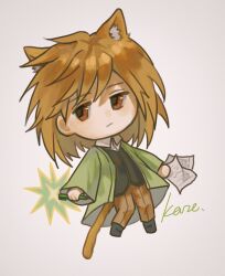 Rule 34 | 1boy, :/, animal ear fluff, animal ears, black vest, brown eyes, brown hair, brown pants, cat boy, cat ears, cat tail, chibi, chibi only, chinese commentary, closed mouth, coat, collared shirt, commentary request, green coat, grey background, harada mutei, holding, holding paper, holding pen, kaze (yznyttdgs), kemonomimi mode, long sleeves, male focus, medium hair, open clothes, open coat, pants, paper, pen, saibou shinkyoku, shirt, signature, simple background, solo, swept bangs, tail, vest, white shirt