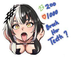 1girl black_dress black_hair breasts cleavage commentary dress english_commentary english_text from_above hair_ornament highres hololive hololive_english katosh large_breasts like_and_retweet long_hair looking_at_viewer multicolored_hair open_mouth shiori_novella shiori_novella_(1st_costume) simple_background solo split-color_hair teeth tongue tongue_out two-tone_hair virtual_youtuber white_background white_hair yellow_eyes