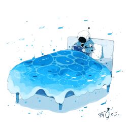 1other absurdres air_bubble artist_name bed blanket blue_jacket book bubble caustics commentary fish flying_fish gloves helmet highres holding holding_book jacket kazunoko_(kazunoko_zunoco) on_bed open_book original other_focus pillow pun radio_antenna reading signature simple_background solo space_helmet surreal under_covers water white_background white_gloves