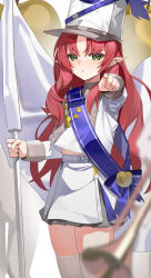 Rule 34 | 1girl, absurdres, arknights, blurry, blurry foreground, blush, closed mouth, commentary request, cool est, cowboy shot, depth of field, ear piercing, green eyes, hat, highres, holding, jacket, long hair, long sleeves, looking at viewer, miniskirt, mole, mole under mouth, myrtle (arknights), myrtle (light gold celebration) (arknights), official alternate costume, parted bangs, peaked cap, piercing, pointing, pointing at viewer, pointy ears, purple sash, red hair, sash, shako cap, shoulder sash, skirt, standing, thighhighs, whistle, white hat, white jacket, white skirt, white thighhighs