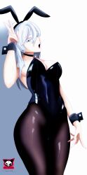 animal_ears ass black_pantyhose breasts grey_eyes grey_hair hand_up head_tilt highres huge_ass komi-san_wa_komyushou_desu large_breasts legs leotard looking_at_viewer open_mouth pale_skin pantyhose playboy_bunny rabbit rabbit_ears rami_kawai standing themaker v