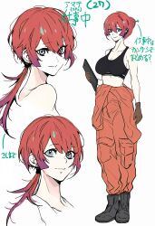 1girl absurdres aged_up alternate_costume alternate_hair_length alternate_hairstyle amate_yuzuriha aqua_eyes boots breasts closed_mouth commentary_request firefighter gloves gundam gundam_gquuuuuux hair_bun hair_ornament highres holding jumpsuit jumpsuit_around_waist kisaragi_shokuin long_hair orange_jumpsuit red_hair simple_background solo sports_bra standing translation_request white_background