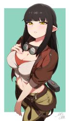 1girl alternate_costume aqua_background belt black_hair blush border breasts brown_belt brown_jacket buttons cleavage commentary_request cosplay cropped_jacket gemma_(monster_hunter_wilds) gemma_(monster_hunter_wilds)_(cosplay) goggles goggles_around_neck green_pants hand_on_own_chest highres jacket large_breasts long_hair looking_at_viewer midriff minoto mocha_mh monster_hunter_(series) monster_hunter_rise monster_hunter_wilds navel outside_border pants parted_lips pointy_ears shirt signature simple_background solo stomach white_border white_shirt yellow_eyes
