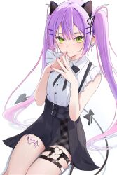 1girl alternate_costume animal_ear_hairband animal_ears bare_arms belt black_bow black_bowtie black_skirt bow bowtie buttons c1p122 cat_ear_hairband cat_ears closed_mouth collared_shirt commentary_request demon_girl demon_tail double-parted_bangs dress_shirt ear_piercing fake_animal_ears fingernails flat_chest frilled_shirt frills green_eyes hair_ornament hair_ribbon hairband hairpin heart heart_o-ring high-waist_skirt highres hololive jirai_kei leg_tattoo light_blush long_hair looking_at_viewer multiple_thigh_straps o-ring o-ring_thigh_strap piercing purple_hair purple_nails ribbon shirt simple_background sitting skirt sleeveless sleeveless_shirt solo steepled_fingers suspender_skirt suspenders tail tail_bow tail_ornament tail_piercing tattoo thigh_strap tokoyami_towa tokoyami_towa_(jirai_kei) twintails virtual_youtuber white_background