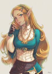 1girl blonde_hair braid breasts crown_braid green_eyes hand_in_own_hair highres leofoxart light_smile long_hair looking_at_viewer medium_breasts narrow_waist nintendo non-web_source pointy_ears princess_zelda signature simple_background solo the_legend_of_zelda the_legend_of_zelda:_breath_of_the_wild triforce upper_body white_background