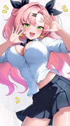 1girl absurdres aviary black_skirt bouncing_breasts breasts cleavage commentary earrings green_eyes hair_intakes hands_up heart heart_earrings highres jewelry large_breasts looking_at_viewer miniskirt navel nicole_demara open_mouth parted_bangs patterned_background pink_hair pleated_skirt school_uniform shirt skirt sleeves_rolled_up solo two_side_up white_shirt zenless_zone_zero