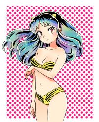 01angelegg 1girl animal_print aqua_hair bare_arms black_hair blush border bra brown_eyes closed_mouth collarbone cowboy_shot floating_hair highres horns long_hair looking_at_viewer lum multicolored_hair navel outside_border panties pointy_ears print_bra print_panties smile solo standing strapless strapless_bra striped_bra striped_clothes striped_panties tiger_print underwear underwear_only urusei_yatsura white_border yellow_bra yellow_panties