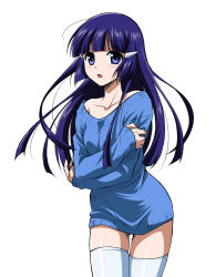 10s 1girl aoki_reika bare_shoulders blue_eyes blue_hair blue_nails blue_thighhighs blush female_focus hair_ornament hairclip long_hair looking_at_viewer matching_hair/eyes nail_polish naked_sweater open_mouth precure simple_background smile_precure! solo sweater thighhighs wauwa white_background