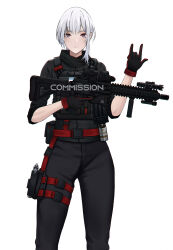 1girl absurdres arm_up armor assault_rifle black_gloves black_pants black_scarf black_shirt closed_mouth commission eotech explosive feet_out_of_frame gloves grenade gun h&amp;k_hk416 handgun highres holding holding_gun holding_weapon holster laser_sight looking_at_viewer lynx_aidenn medium_hair optical_sight original pants purple_eyes rail_(weapon) rifle scarf shirt sight_magnifier sleeves_rolled_up solo standing tactical_clothes thigh_holster trigger_discipline vertical_foregrip weapon white_background white_hair