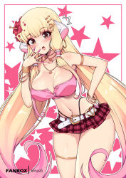 :o armband belt blonde_hair blush breasts brown_eyes chii chobits cleavage fingernails flower hair_flower hair_ornament hair_tubes jewelry large_breasts leaning_forward long_fingernails long_hair looking_at_viewer microskirt midriff narrow_waist necklace panty_straps pink_nails pink_tube_top plaid_clothes plaid_skirt red_flower skirt strapless sweat thigh_strap tube_top very_long_hair virus-g white_belt