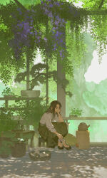 1girl black_eyes brown_hair dappled_sunlight expressionless full_body hair_between_eyes hanfu highres ibuki_satsuki jiaoling_ruqun looking_down mountain original outdoors plant potted_plant shadow sidelocks sitting skirt solo sunlight tree