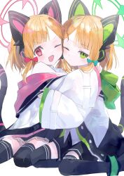 2girls ;d animal_ear_headphones animal_ears black_boots black_shorts black_skirt black_tail black_thighhighs blonde_hair blue_archive blunt_bangs blush boots bow buttons cat_ear_headphones cat_ears cat_tail chinese_commentary closed_mouth commentary croma_mhach dot_nose fake_animal_ears fake_tail frilled_skirt frills green_bow green_eyes green_halo green_hood green_jacket hair_bow halo headphones hood hood_down hooded_jacket hug jacket long_sleeves looking_at_viewer low-tied_sidelocks medium_hair midori_(blue_archive) miniskirt momoi_(blue_archive) multicolored_jacket multiple_girls off_shoulder one_eye_closed open_mouth parted_bangs pink_halo pink_jacket pleated_skirt red_bow red_eyes shirt short_shorts shorts siblings sidelocks simple_background sisters sitting skirt sleeves_past_wrists smile tail tail_raised thighhighs twins unbuttoned untucked_shirt v-shaped_eyebrows white_background white_jacket white_shirt wide_sleeves yokozuwari