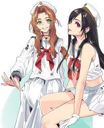 2girls aerith_gainsborough alternate_costume bare_shoulders black_hair braid braided_ponytail breasts brown_hair buttons choker crop_top double-breasted earrings feet_out_of_frame final_fantasy final_fantasy_vii final_fantasy_vii_rebirth final_fantasy_vii_remake floating_earrings flower_choker gloves green_eyes grin hair_ribbon hat heart highres ito_noizi jewelry large_breasts long_hair long_skirt long_sleeves looking_at_viewer medium_breasts midriff military_uniform miniskirt multiple_girls naval_uniform navel navy neckerchief outstretched_hand parted_bangs parted_lips pink_ribbon pleated_skirt red_eyes red_neckerchief ribbon sailor_collar sailor_shirt shirt sidelocks single_braid sitting skirt smile teeth tifa_lockhart upper_body white_background white_gloves white_hat white_shirt white_skirt
