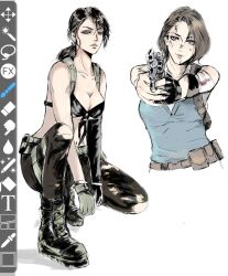 Rule 34 | 2girls, aiming, bandaged arm, bandages, bare shoulders, belt, black bra, black gloves, black hair, black pants, blue eyes, blue shirt, boots, bra, breasts, brown belt, brown hair, cleavage, collarbone, commentary, elbow gloves, english commentary, facial scar, full body, gloves, green boots, green eyes, green gloves, gun, hair between eyes, handgun, henoopd, highres, holding, holding gun, holding weapon, jill valentine, long hair, looking at viewer, looking to the side, medium breasts, metal gear (series), metal gear solid v: the phantom pain, multiple girls, navel, pants, parted lips, ponytail, quiet (metal gear), resident evil, resident evil 3: nemesis, resident evil 3 (remake), revolver, scar, scar on cheek, scar on face, scar on lip, scar on nose, shirt, short hair, simple background, single elbow glove, single glove, squatting, underwear, upper body, user interface, weapon, white background