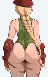 1girl ass bare_shoulders beret blonde_hair bodypaint braid cammy_white camouflage commentary cowboy_shot curvy dairenke_art fingerless_gloves from_behind gloves green_leotard hat highleg highleg_leotard highres huge_ass leotard long_hair median_furrow simple_background solo standing street_fighter street_fighter_v thick_thighs thighs thong_leotard twin_braids wide_hips