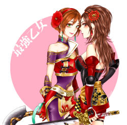 Rule 34 | armor, back, blush, breasts, brown eyes, brown hair, checkered clothes, chinese clothes, cleavage, corset, detached sleeves, earrings, eyeshadow, fingernails, garter straps, gloves, hair ornament, hand on own hip, hip vent, jewelry, kaihime, large breasts, lips, lipstick, long hair, makeup, miniskirt, nail polish, red nails, red skirt, sengoku musou, sideboob, skirt, sun shang xiang (shin sangoku musou), sword, thighs, weapon