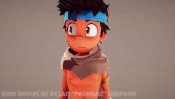 1boy 3d animated barefoot blue_headwear child detached_sleeves facial_mark looking_to_the_side male_focus messy_hair open_mouth pants parimak94 solo topless_male video