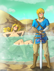 1boy 1girl assentlov bathing blonde_hair blush breasts closed_eyes highres large_breasts link long_hair nintendo nipples nude onsen princess_zelda shiny_skin sword the_legend_of_zelda the_legend_of_zelda:_breath_of_the_wild weapon
