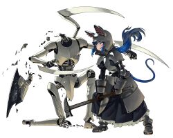 1girl absurdres animal_ears armor blade_arm blue_eyes blue_hair blush brown_gloves decapitation gemi_ningen gloves gorget helmet highres hitting knight long_hair long_skirt mouse_ears mouse_girl mouse_tail plate_armor ratkin_(rimworld) rimworld robot sabaton scyther_(rimworld) skirt tail tassets teeth war_hammer weapon white_background